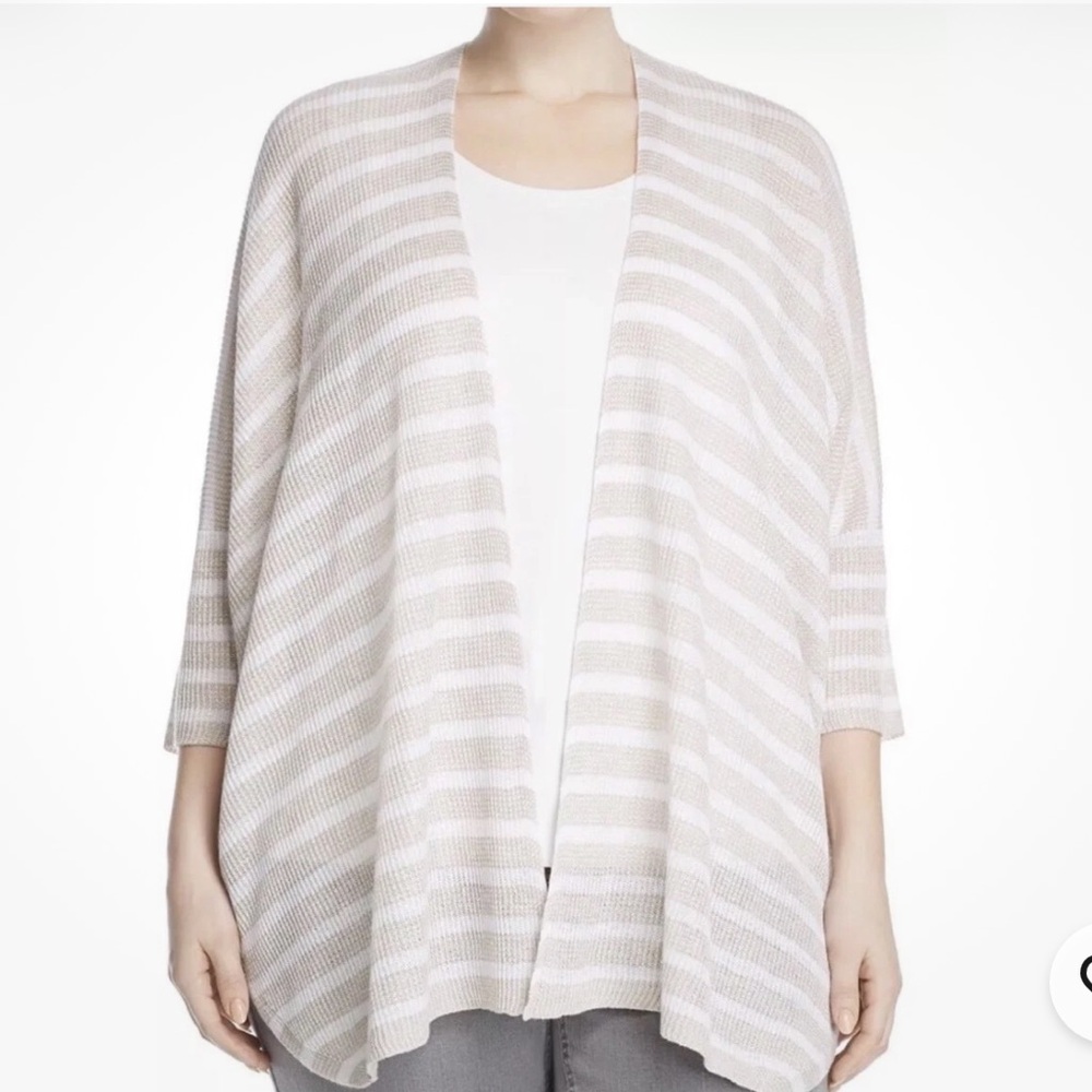 Eileen Fisher Woman 100% Linen Organic Beige White Short Open cardigan L/XL